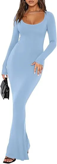 Soft Casual Long Dress With A Square Neckline And Long Sleeves Blue - Shop at LoveMi