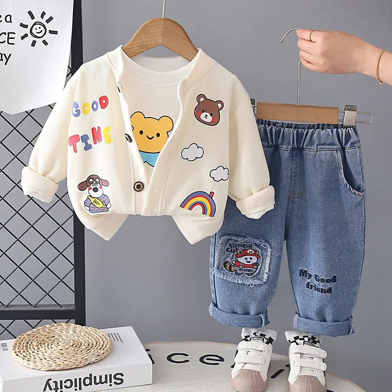 Boys' Cartoon Cardigan Long-Sleeve Three-Piece Set