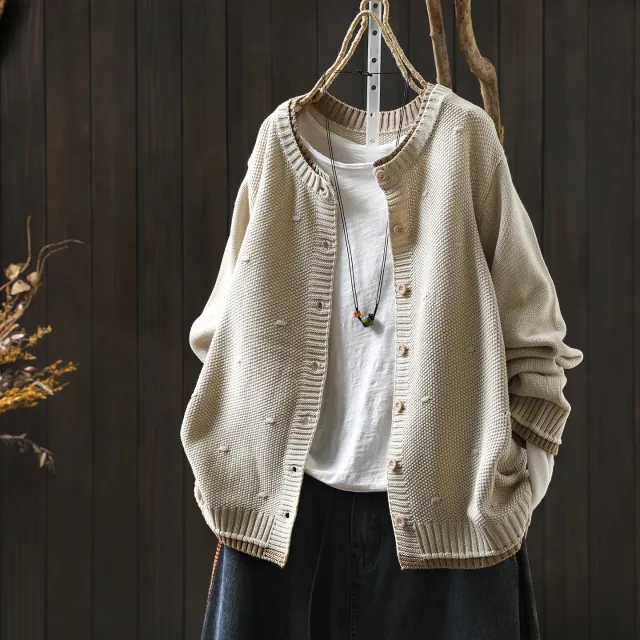 Women's Cardigan Sweater Coat Color Block Cotton Thread Knitting Retro Casual Beige - Shop at LoveMi