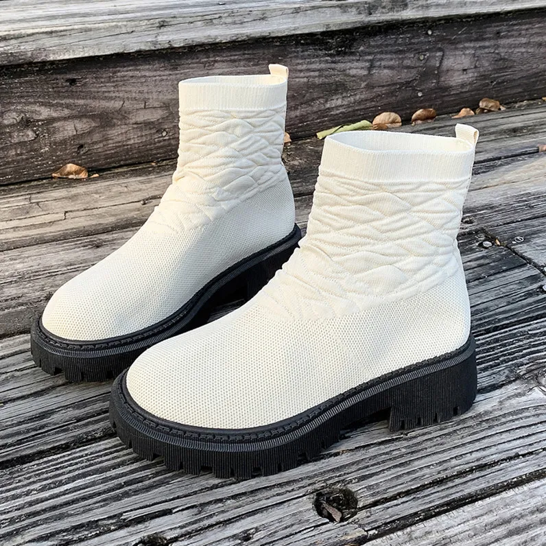 Women's Thick Heel Solid Color Casual And Comfortable Martin Boots - White