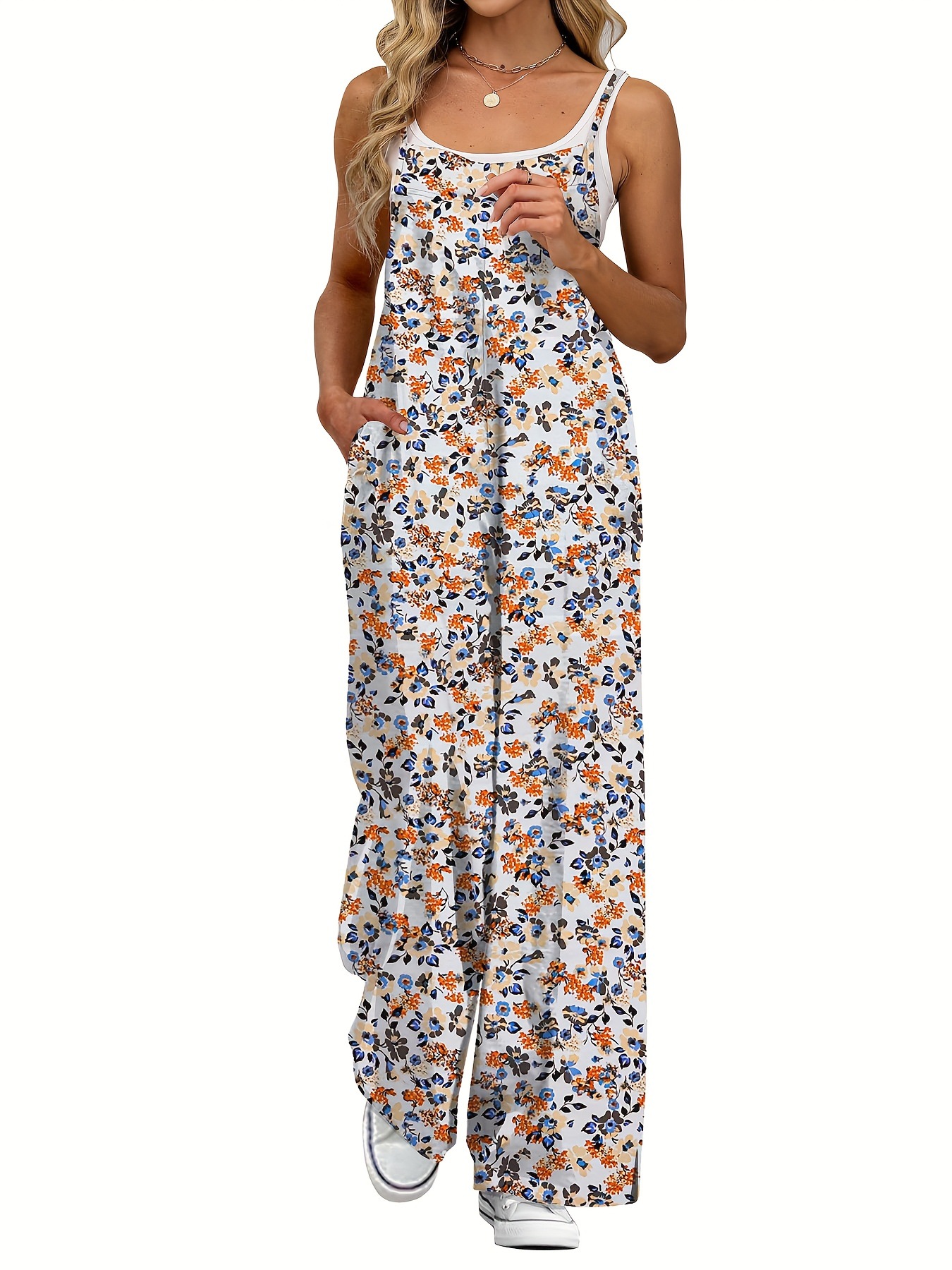 Adjustable-Strap Printed Casual Suspender Floral Jumpsuit