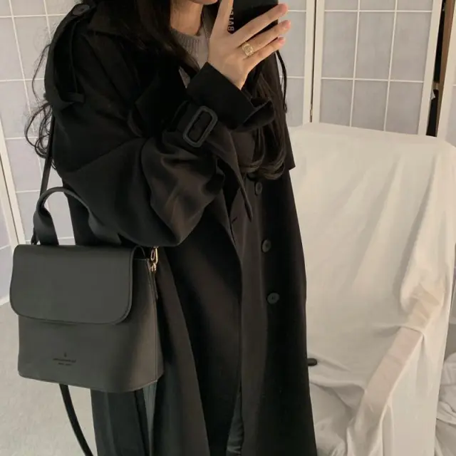 Retro Trench Coat Coat Women's Autumn Korean style Mid length Loose And Lazy Style Young Below the knee Coat Black - Shop at LoveMi