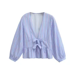 European And American Style French Fashion Design Bowknot Decoration Striped Shirt - View 1