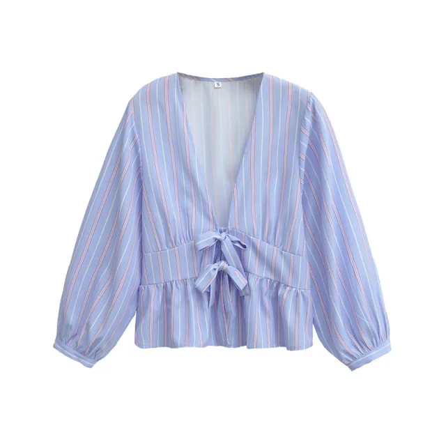 European And American Style French Fashion Design Bowknot Decoration Striped Shirt - Shop at LoveMi
