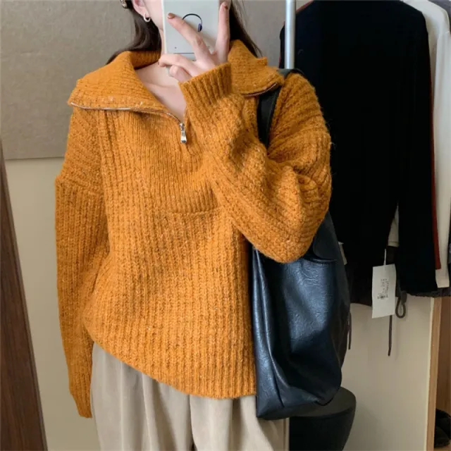 Half Zipper And Lapel Sweater Women's Knitted Blouse Orange - Shop at LoveMi