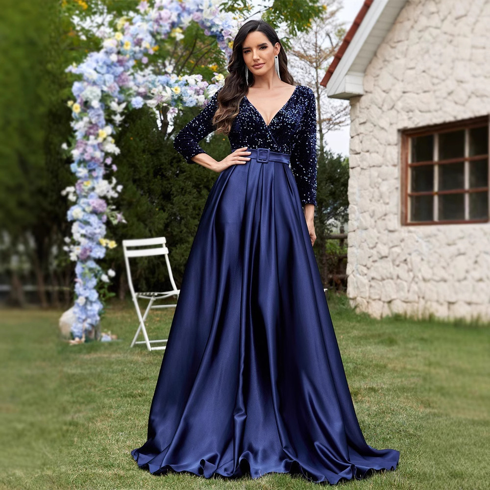 European And American-style Sequined V-neck Evening Gown With Long Sleeves