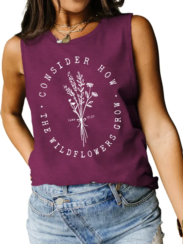 Consider How Flowers And Plants Letter Print Loose Vest Purplish Red - Shop at LoveMi