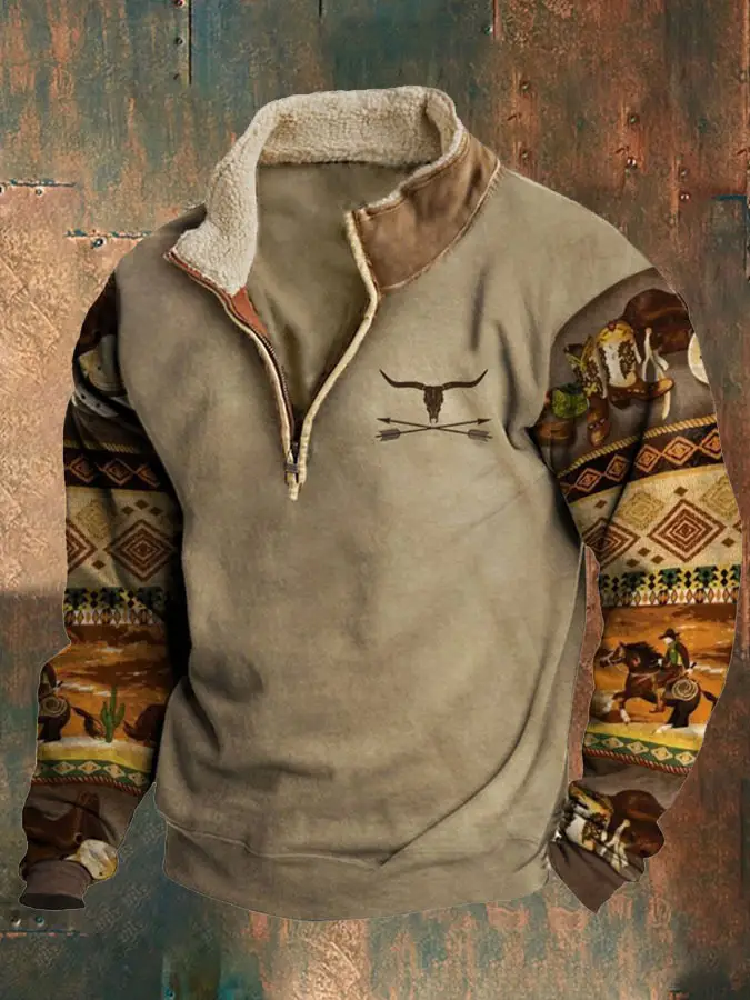 Fur Collar Long Sleeve Half Zipper Printed Casual Jacket Coat