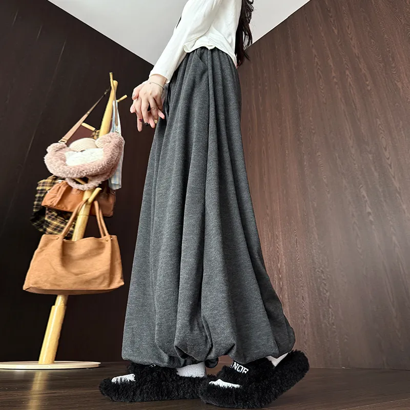 Womens High-Waisted Fleece-Lined Solid-Color Lamb Wool Bloomer Culottes - Gray