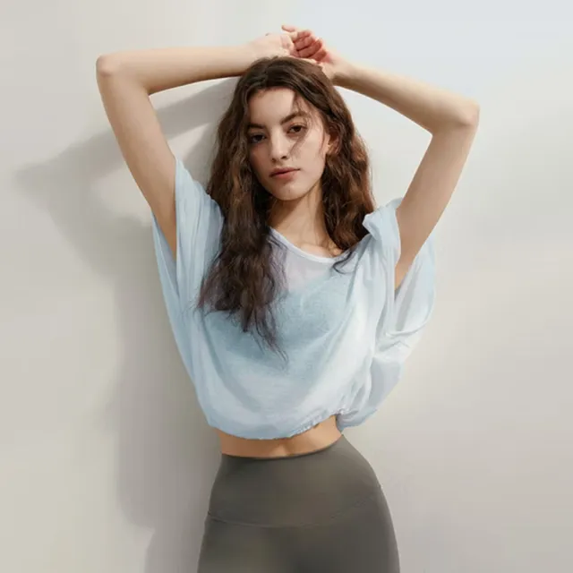 Loose Quick drying Yoga Clothes Blouse Breathable Slimming Backless Short Sleeve Blue - Shop at LoveMi