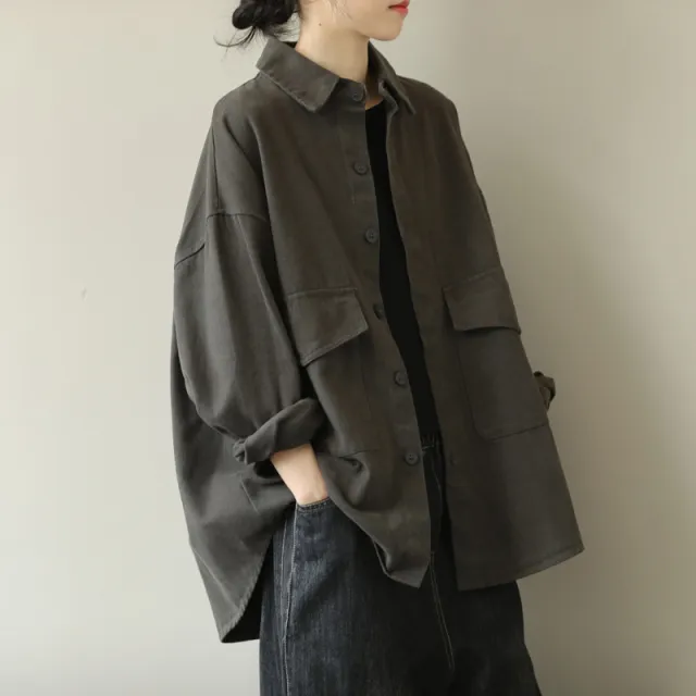 Large Pocket Shirt Casual Long Sleeve Top Gray - Shop at LoveMi