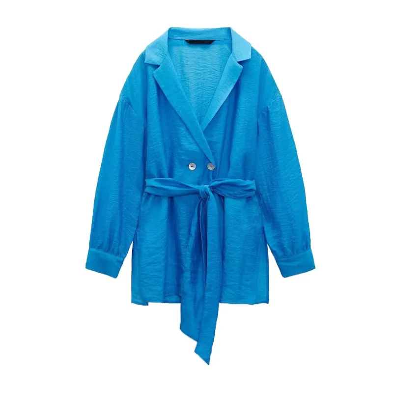 Women's Clothing With Belt Double Breasted Shirt High Waist Silk Satin Texture Sarong Skirt - Blue