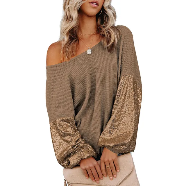 Loose Shoulder Solid Color Sweater Brown - Shop at LoveMi
