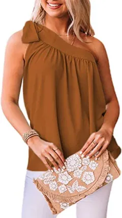 Women's Summer New Asymmetric One-shoulder Vest Slim Top - Caramel-M - View 1