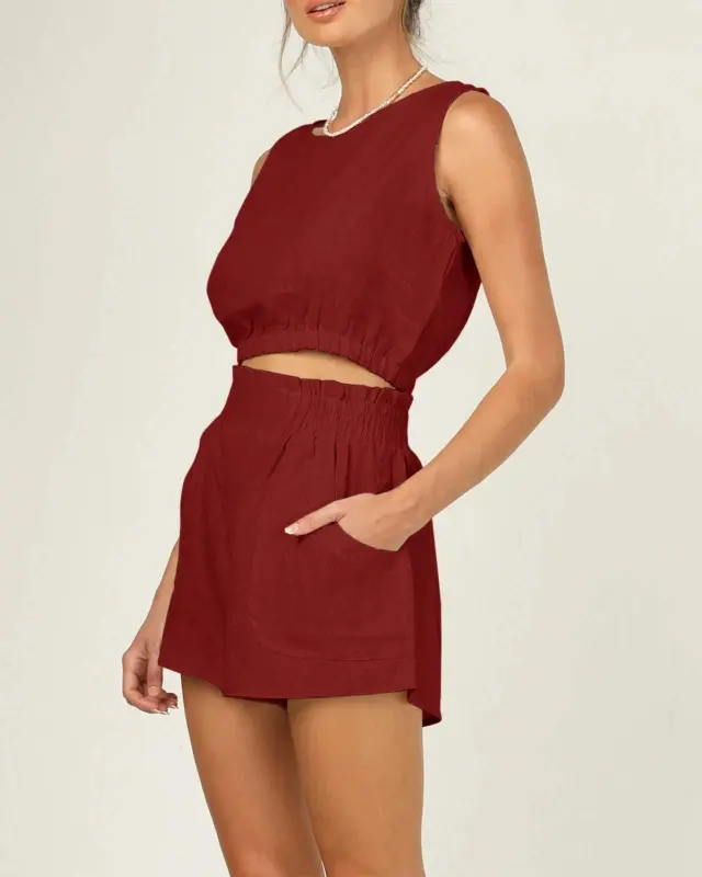 Women's Solid Color Sleeveless Short Top Shorts Suit Wine Red - Shop at LoveMi