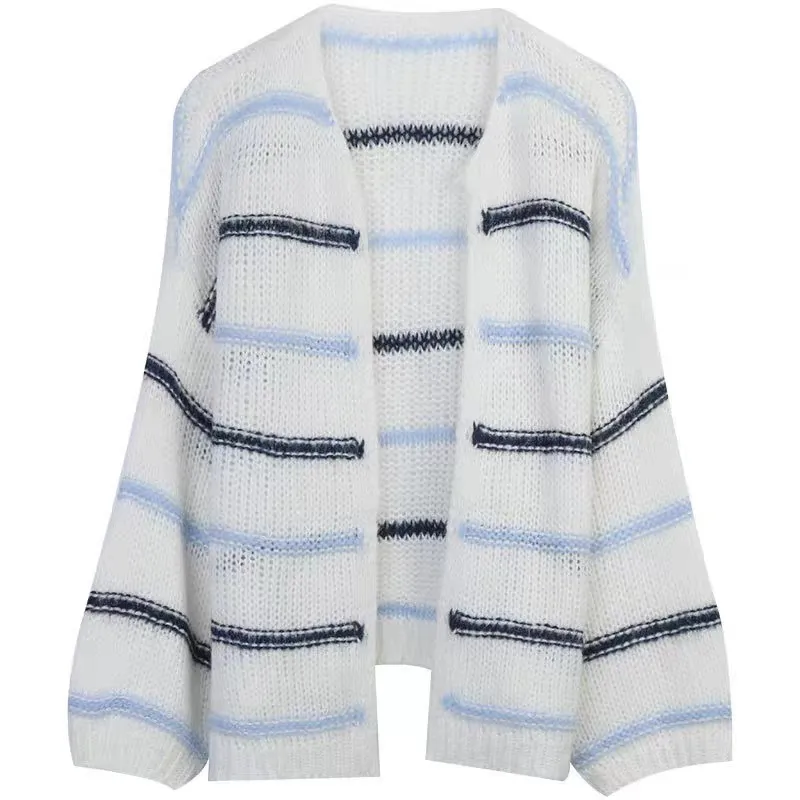 Design Sense Niche Loose Fashionable Versatile Contrast Color Striped Idle Style Knitted Cardigan - Sweater