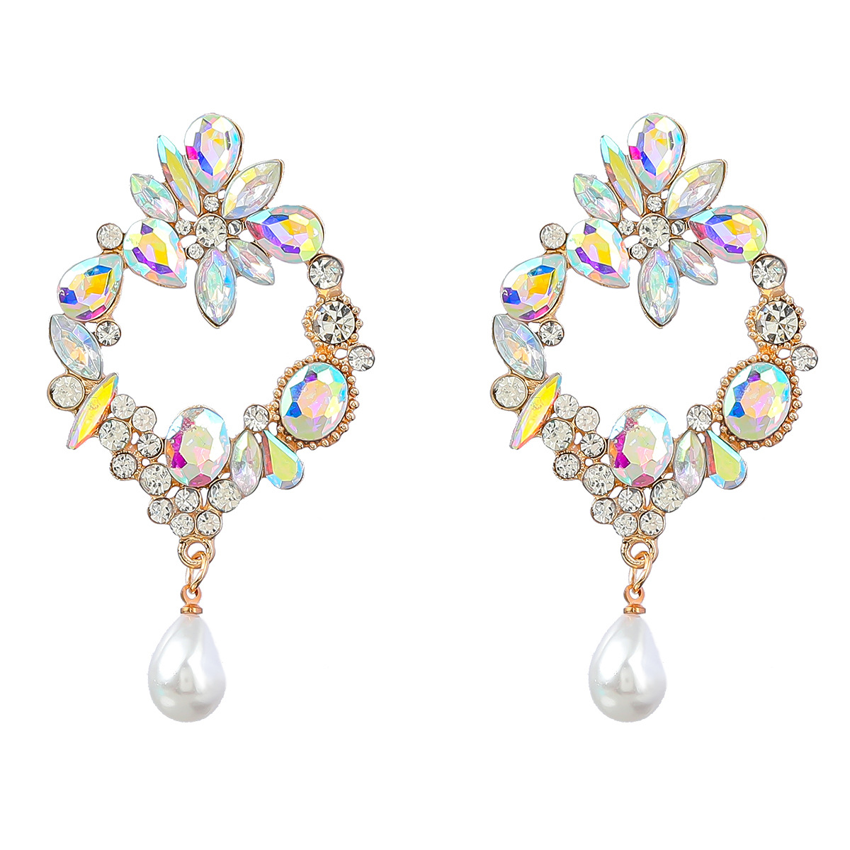 Gold Diamond Geometric Flower Trendy Women Faux Pearl Earrings