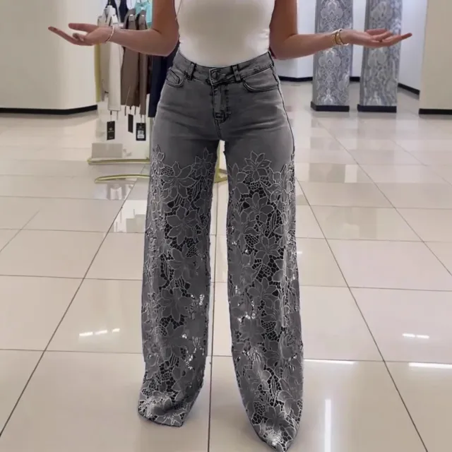 Fashionable Patchwork Denim Jeans For Women With Hollowed Out Lace Details Gray - Shop at LoveMi