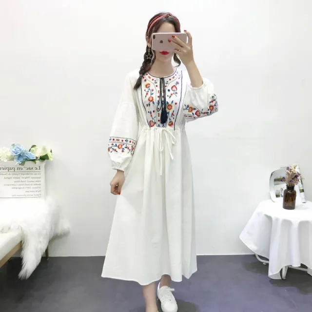 Retro Waist tight Cotton And Linen Half Sleeve Embroidery Dress White - Shop at LoveMi