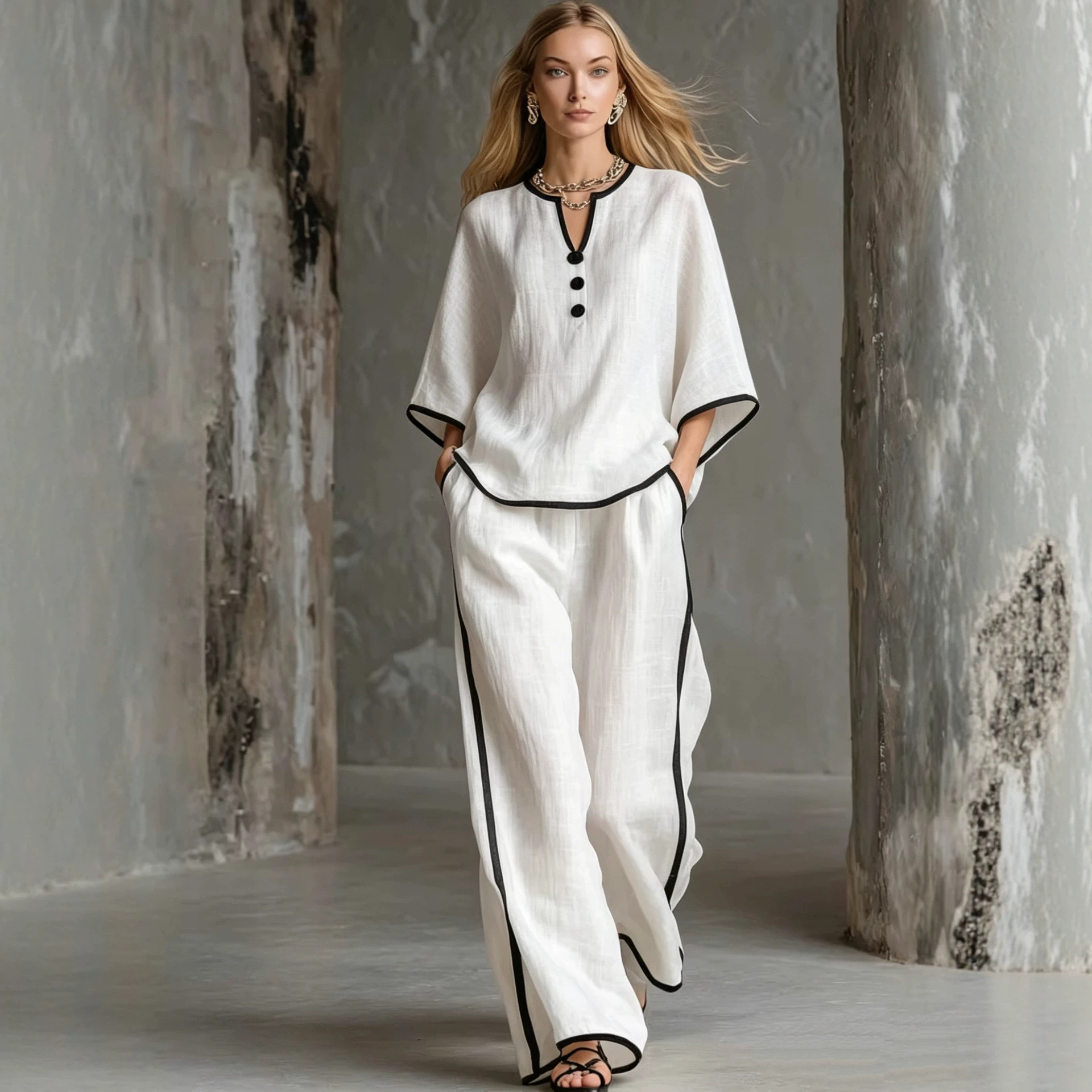 V-neck Loose Batwing-sleeve Top And Wide-leg Pants Set 3