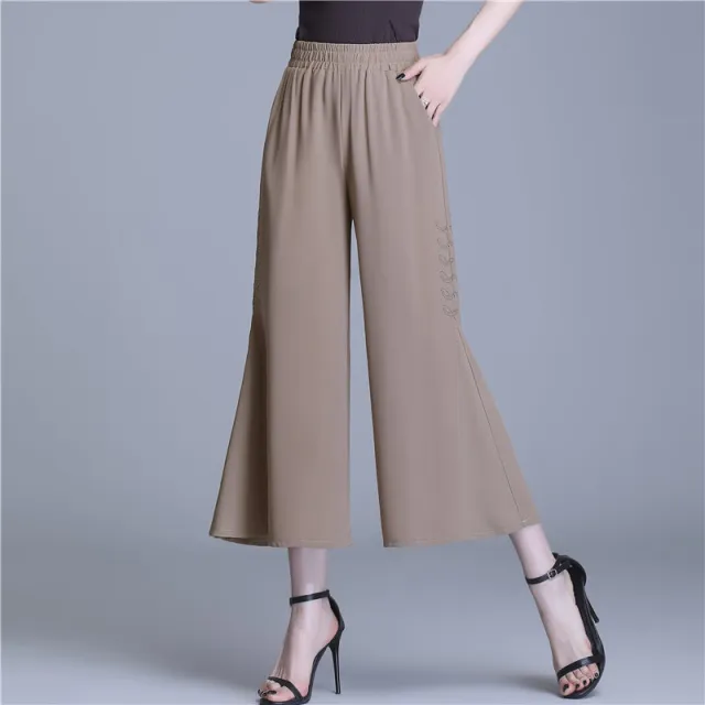 Ice Silk Chiffon Straight Wide leg Pants Women's Cropped Pants Thin 883 Khaki With Drill - Shop at LoveMi