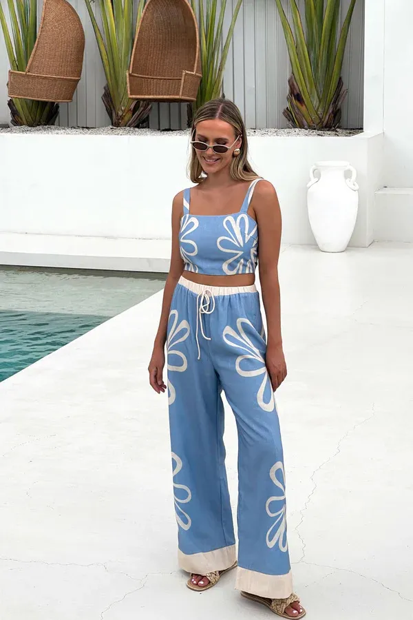 Fashion Flower Sling Top Wide Leg Pants Suit Blue - Shop at LoveMi