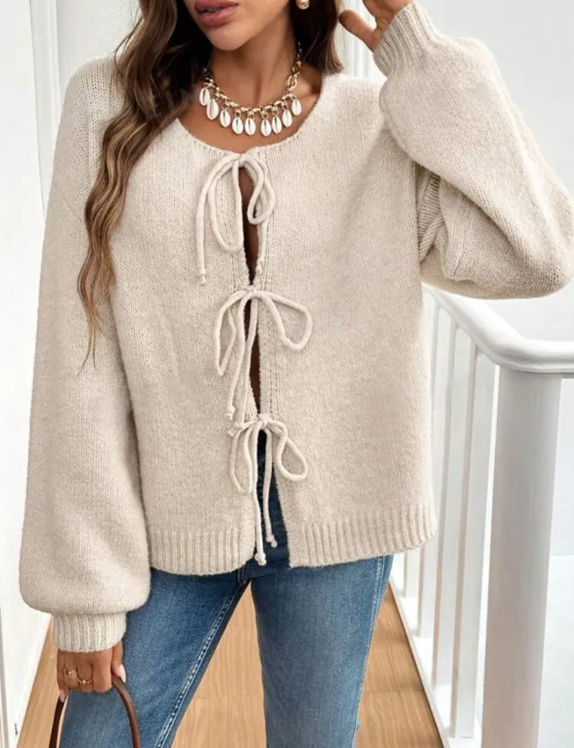 Women's Casual Loose Cardigan Lace up Solid Color Sweater Apricot - Shop at LoveMi