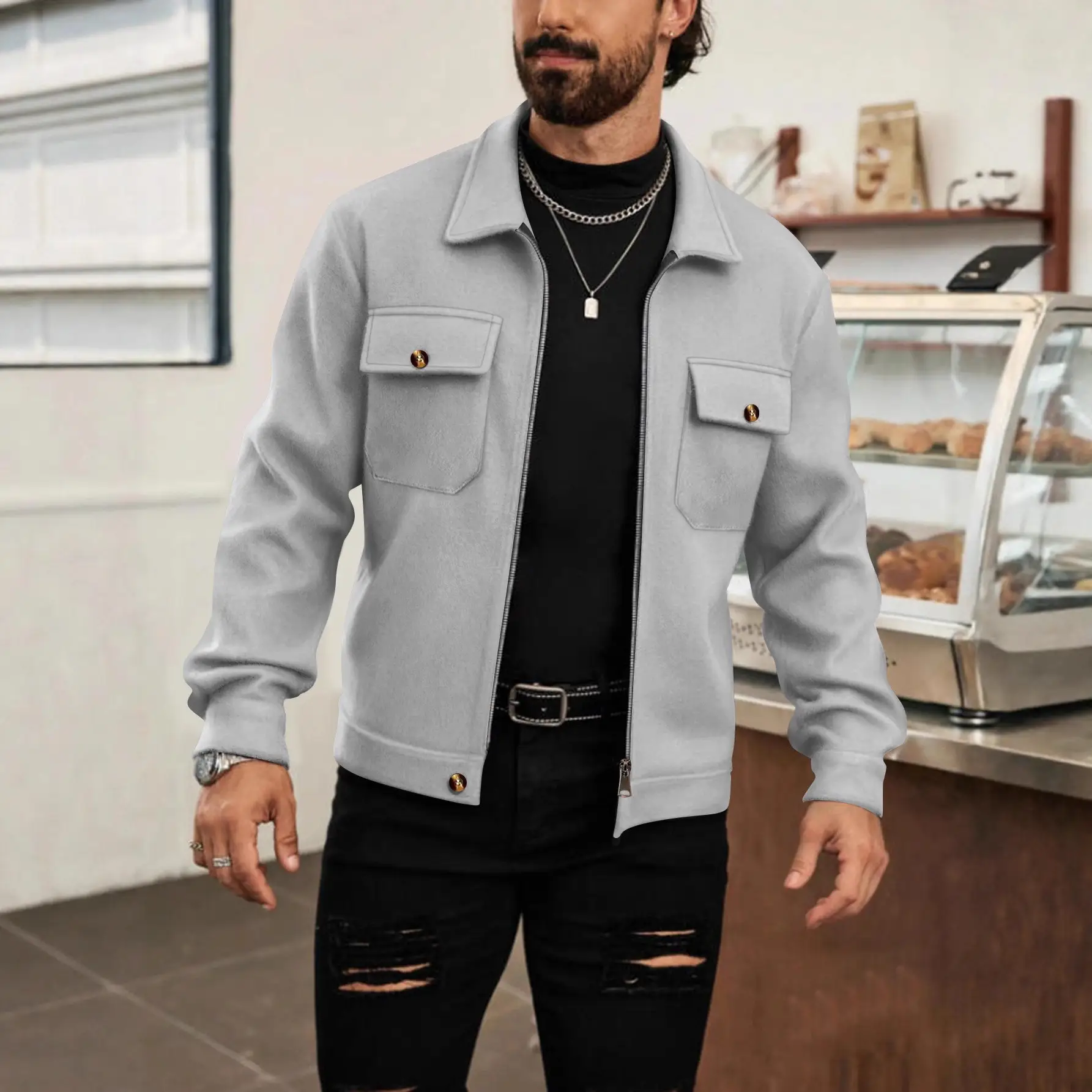 European And American Men's Fashion High-Street Wool Zip-Up Jacket
