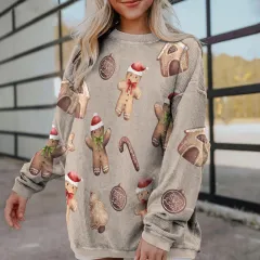 Women's Fashion Print Loose Long Sleeve Sweater - Beige Gingerbread Man - View 1