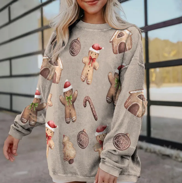 Women's Fashion Print Loose Long Sleeve Sweater Beige Gingerbread Man - Shop at LoveMi