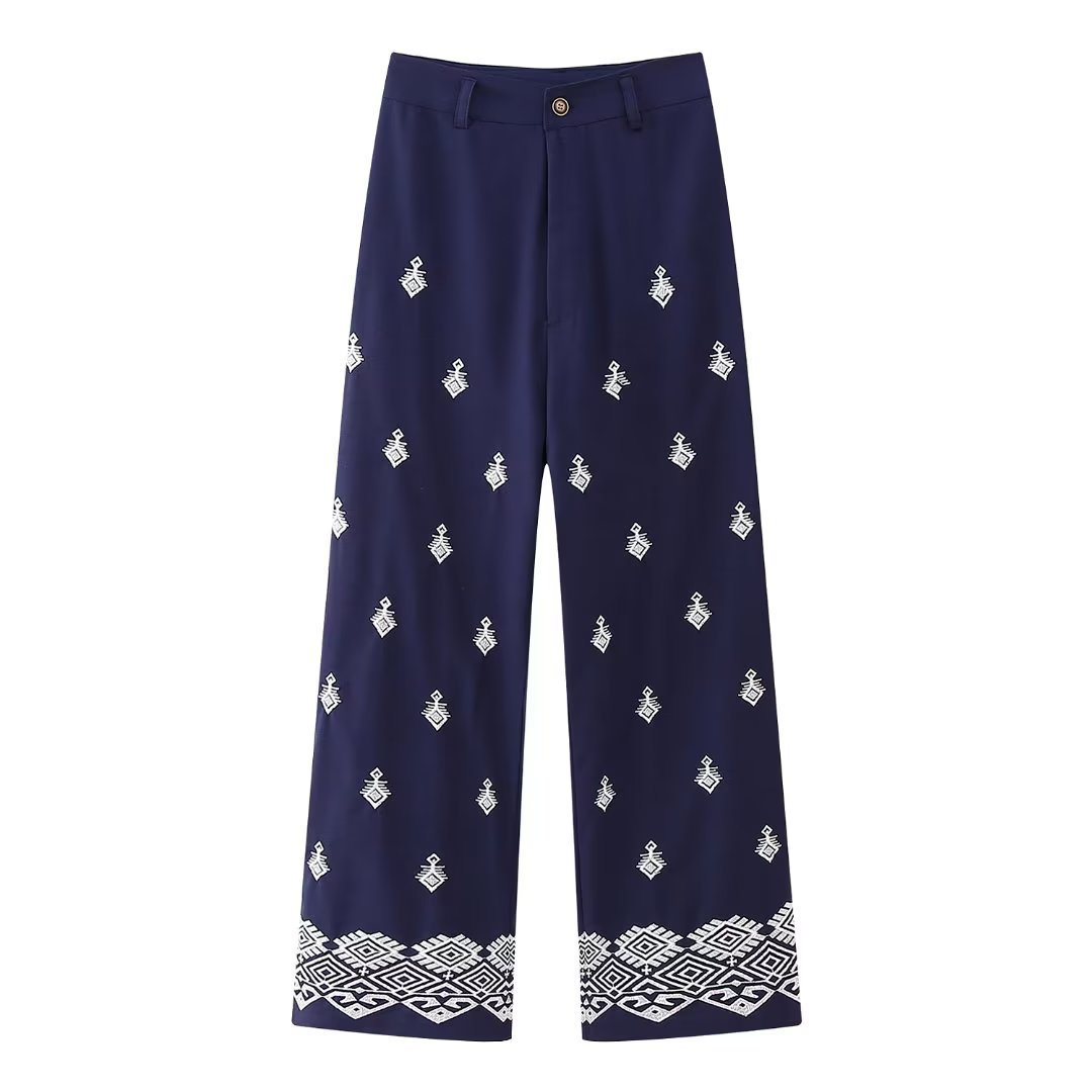 Geometric Embroidery Wide Leg Straight Casual Pants Navy - Shop at LoveMi