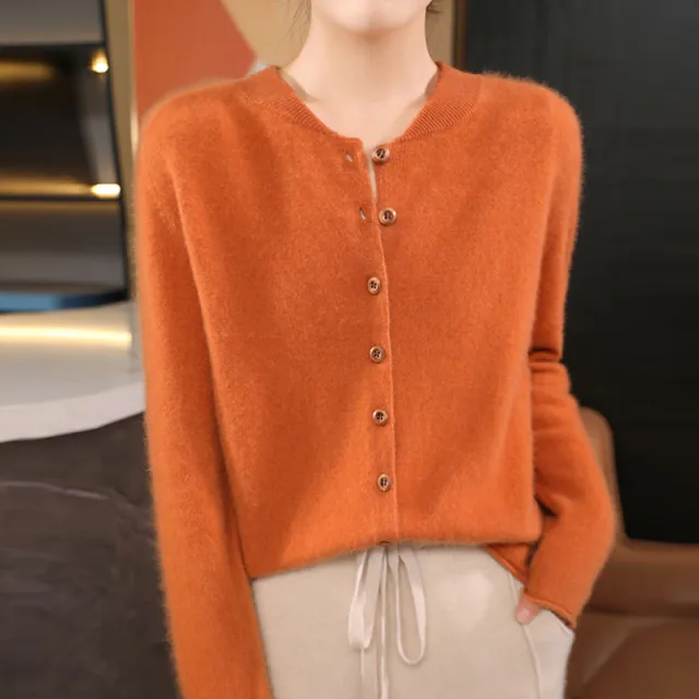 V neck Knitted Cardigan Coat Solid Color Short Loose Sweater Pumpkin Color - Shop at LoveMi