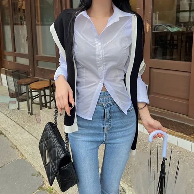 Elegant Gray Design Shirt With Long Sleeves A Turn down Collar And A Side Slit White - Shop at LoveMi
