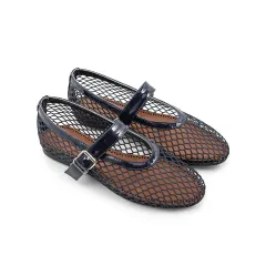 Mary Jane Mesh Ankle Buckle Ballet Flat Sandals - Black - View 1