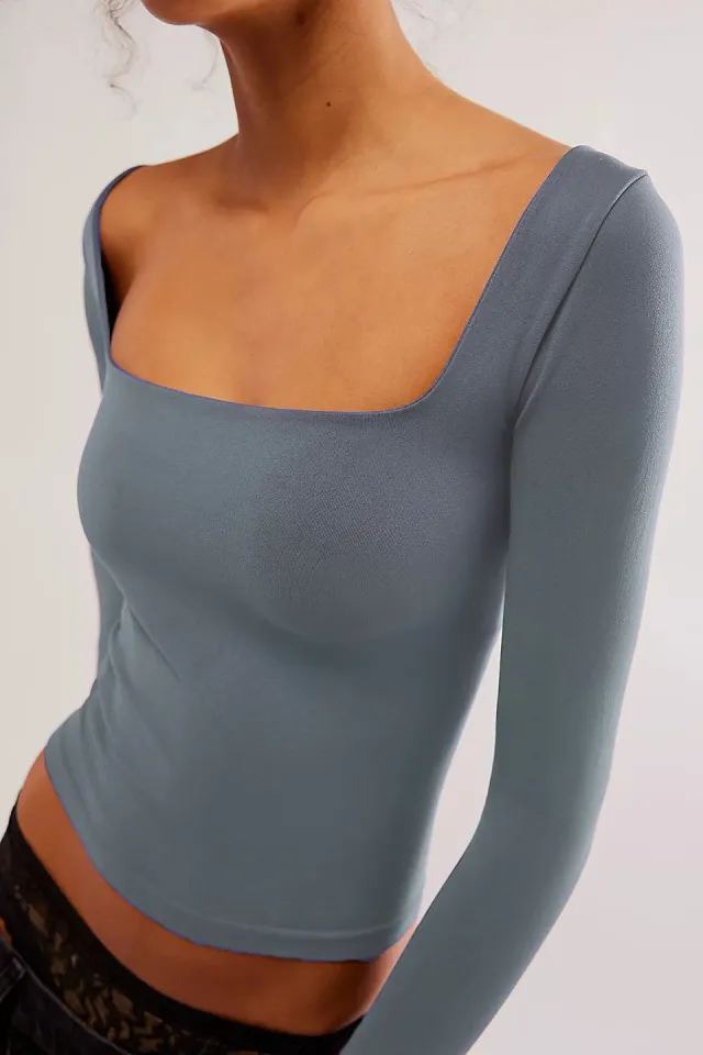 Women's Clothes Long Sleeve T shirt Solid Color Bare Midriff Short Square Collar Top Blue - Shop at LoveMi