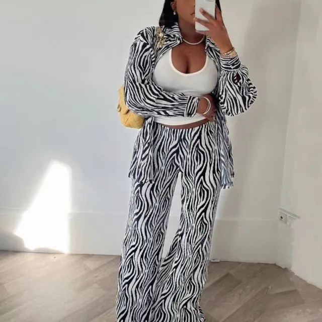Pleated Zebra Print Long Sleeve Shirt With Wide leg Pants Black And White Stripes - Shop at LoveMi