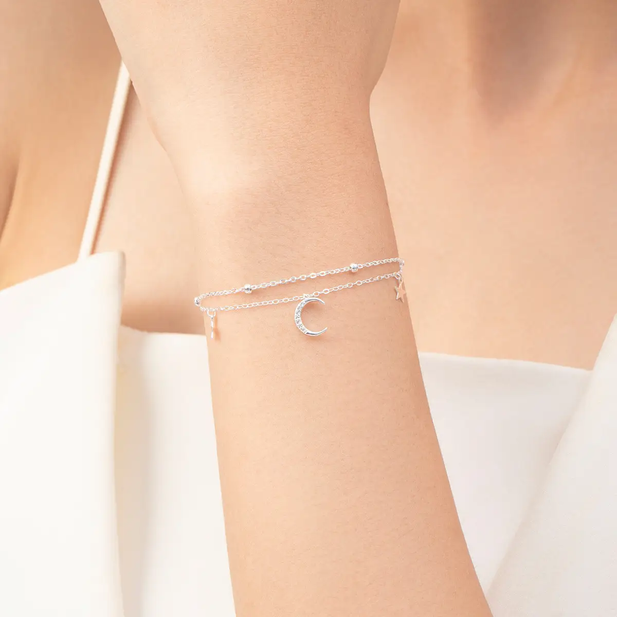 S925 Sterling Silver Star Moon Double Layer Twin Bracelet For Women