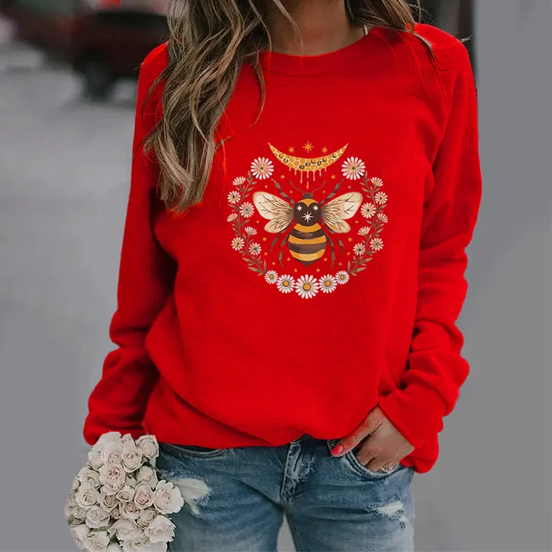 Women's Fashion Moon Bee Trendy Round Neck Sweater - Red