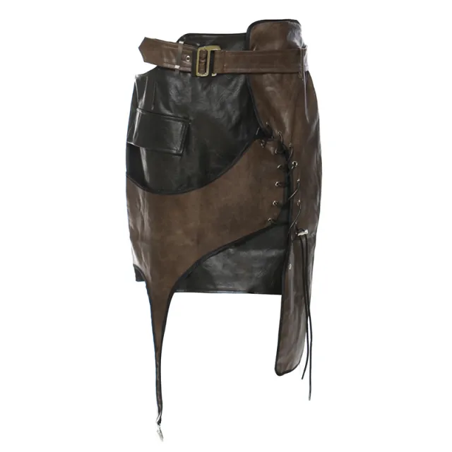 Leather Coat With Rope Suit Skirt Brown - Shop at LoveMi