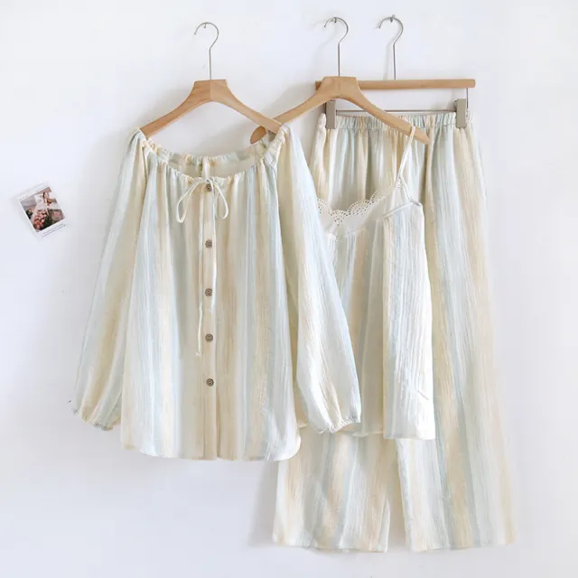 Cotton Crepe Three piece Pajamas Women's Long sleeved Cardigan Strap Lace Magic Color L - Shop at LoveMi