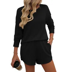 Women's Twist Strip Long Sleeve Shorts Striped Two-piece Suit - Black - View 1