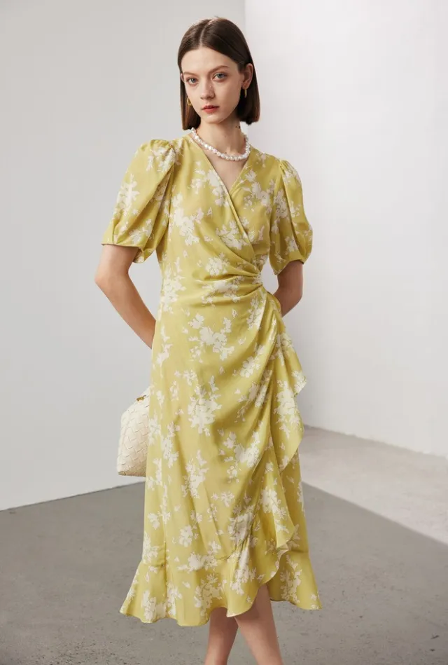 Women's Stomach Blanket style Lace Printing Short sleeved Silk Dress Green Flower - Shop at LoveMi