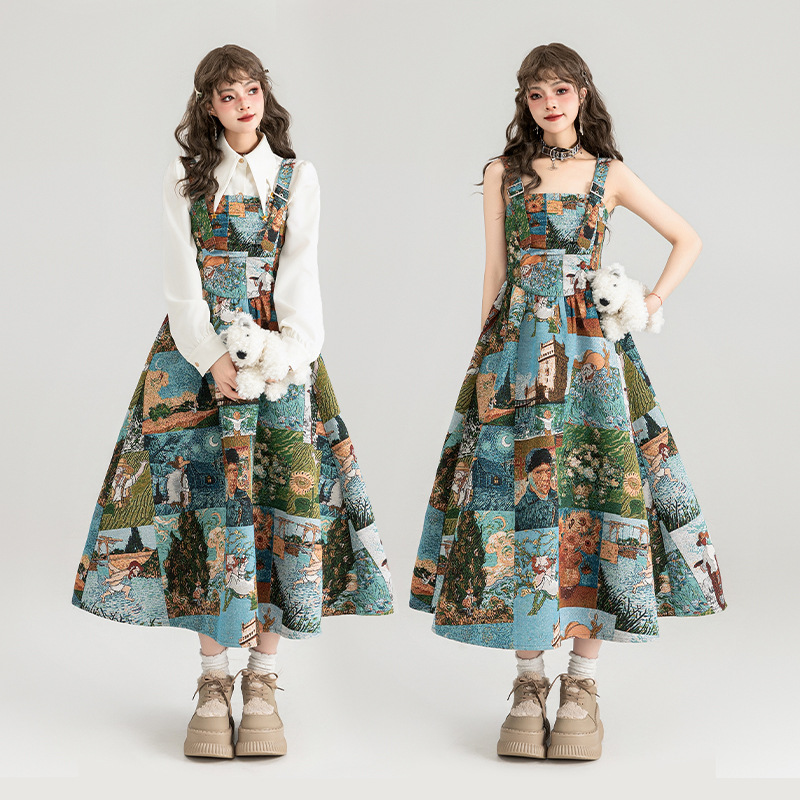 Jacquard Oil Painting Style Shoulder Strap Dress For Women Long With Flower Dress - Shop at LoveMi