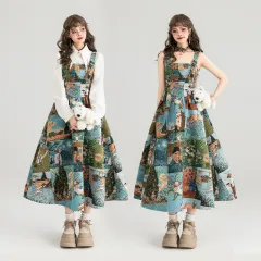 Jacquard Oil Painting Style Shoulder Strap Dress For Women - Long With Flower Dress - View 1