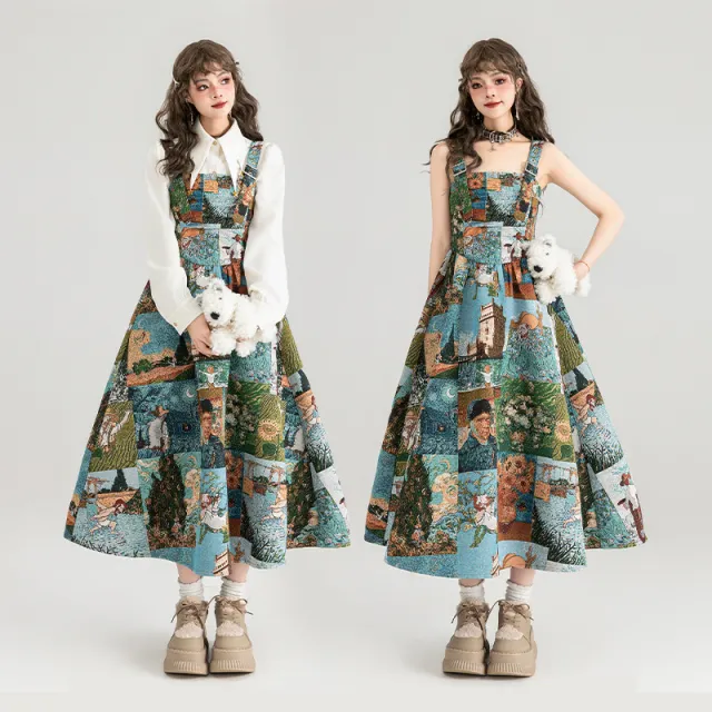 Jacquard Oil Painting Style Shoulder Strap Dress For Women Long With Flower Dress - Shop at LoveMi