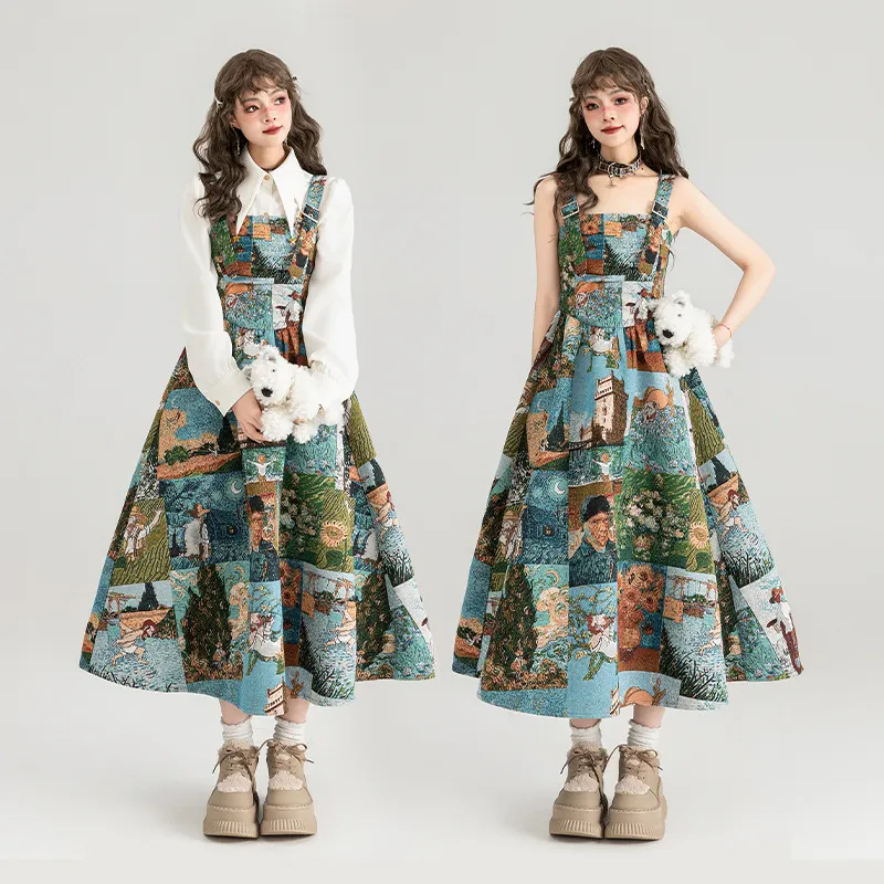Jacquard Oil Painting Style Shoulder Strap Dress For Women - Long With Flower Dress