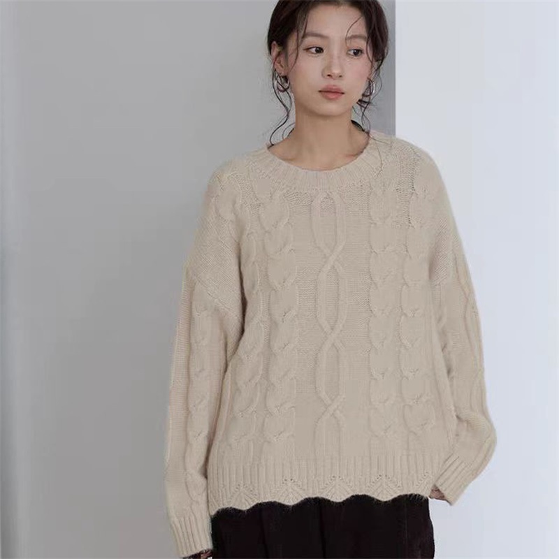 Pulover scurt, de culoare solidă, cu croială largă, din tricot gros, în stil retro, cu model în formă de cablu