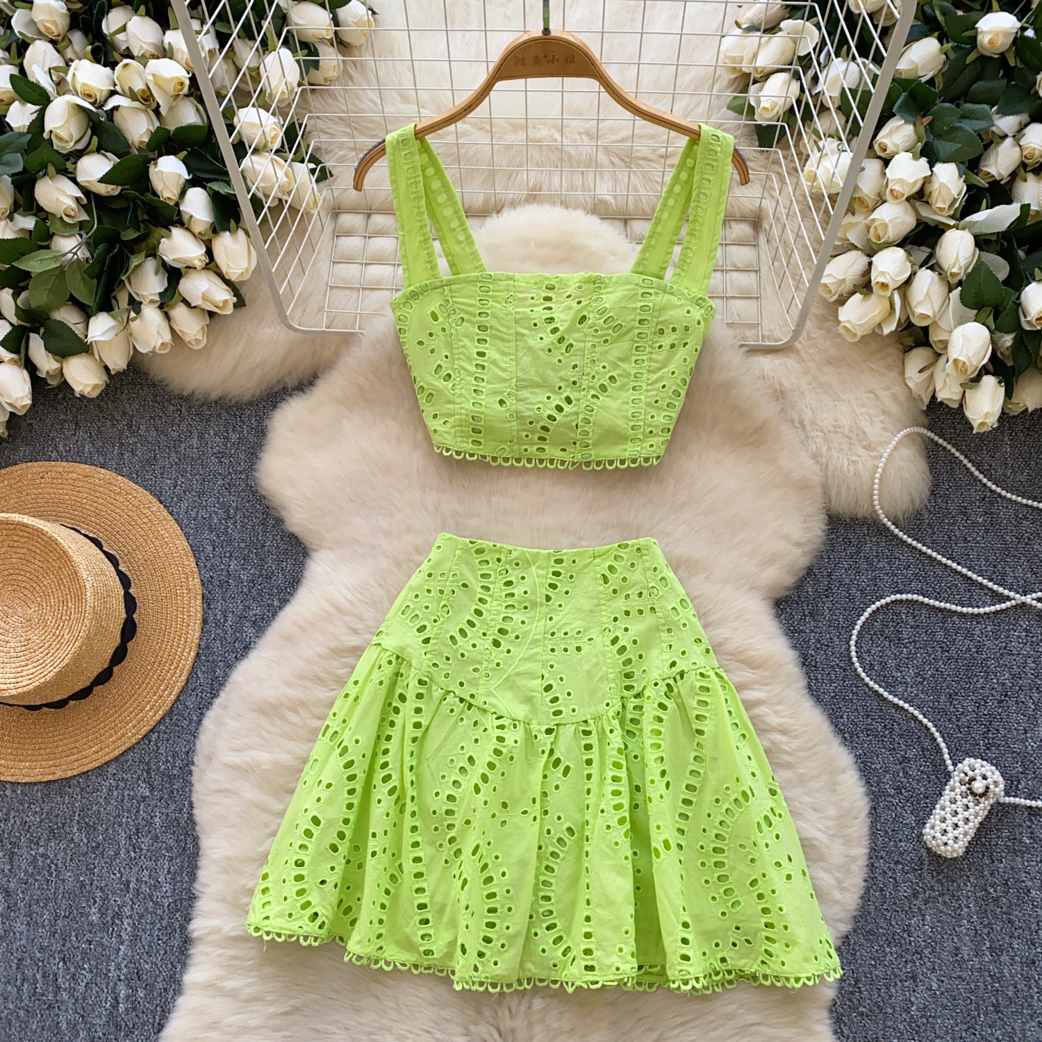 European And American Hot Girls Hollow Embroidery Suit Fluorescent Green - Shop at LoveMi