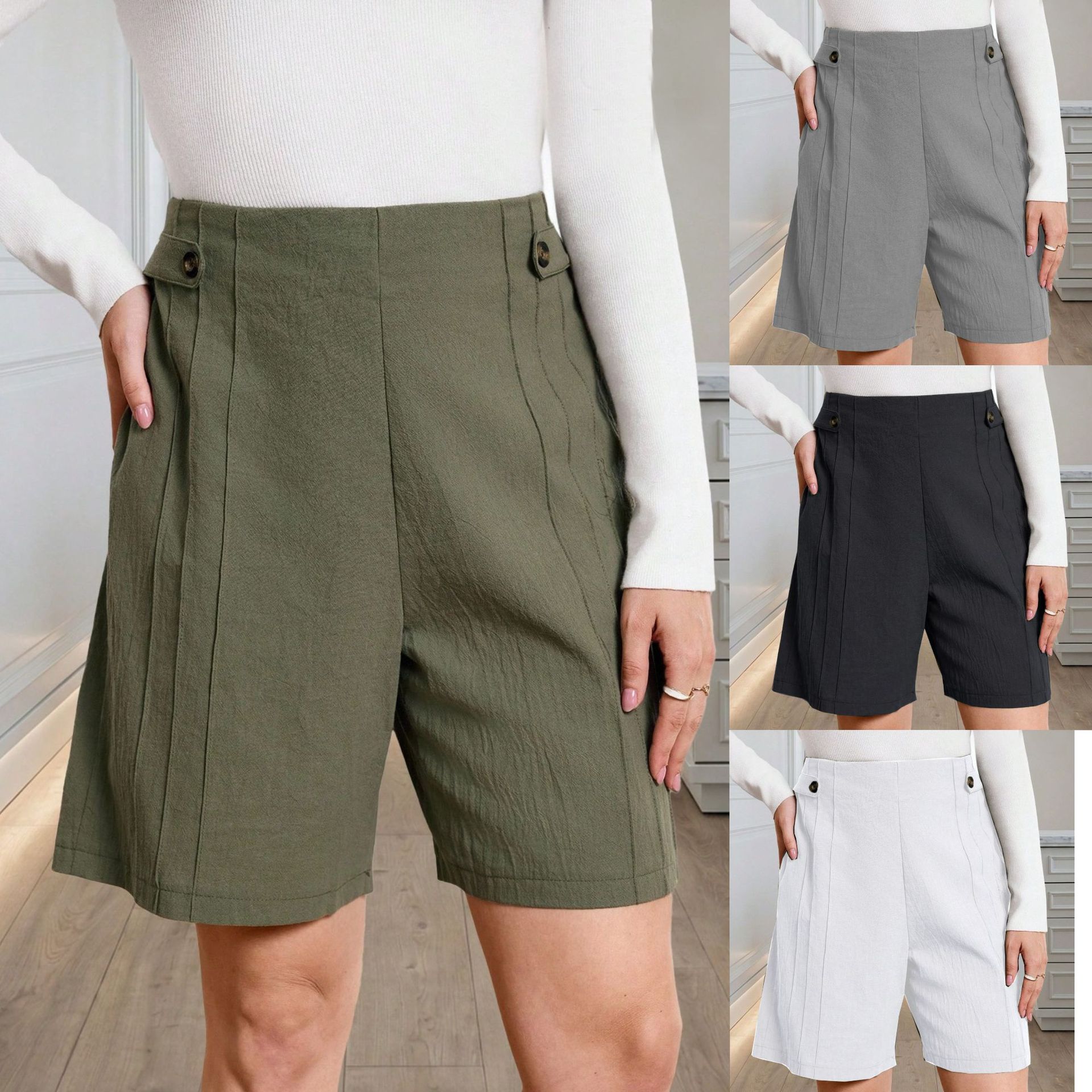 Breathable Linen Blend Mid-Waist Button Shorts for Women