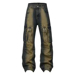 High Street American Washed Distressed Pleated Multi-pocket Denim Overalls - Black - View 1